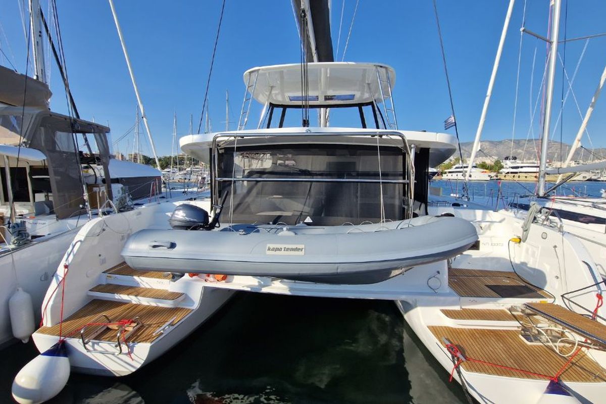 Exterior view of Celena VI, a Lagoon 46 catamaran at Kos, Greece