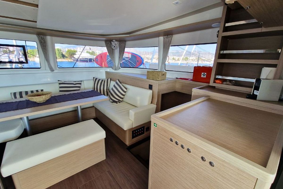 Salon of Celena VI, a Lagoon 46 catamaran at Kos, Greece