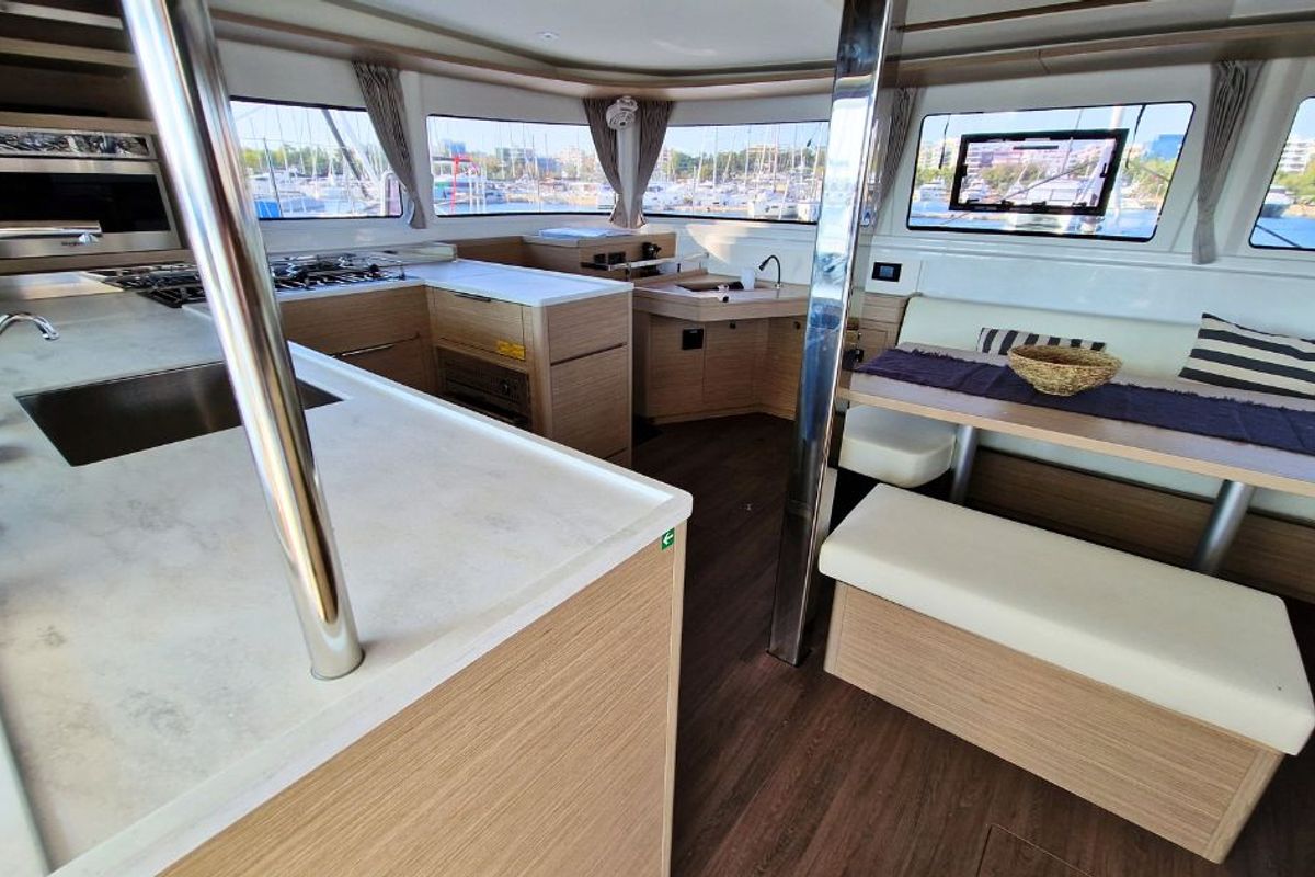 Salon of Celena VI, a Lagoon 46 catamaran at Kos, Greece