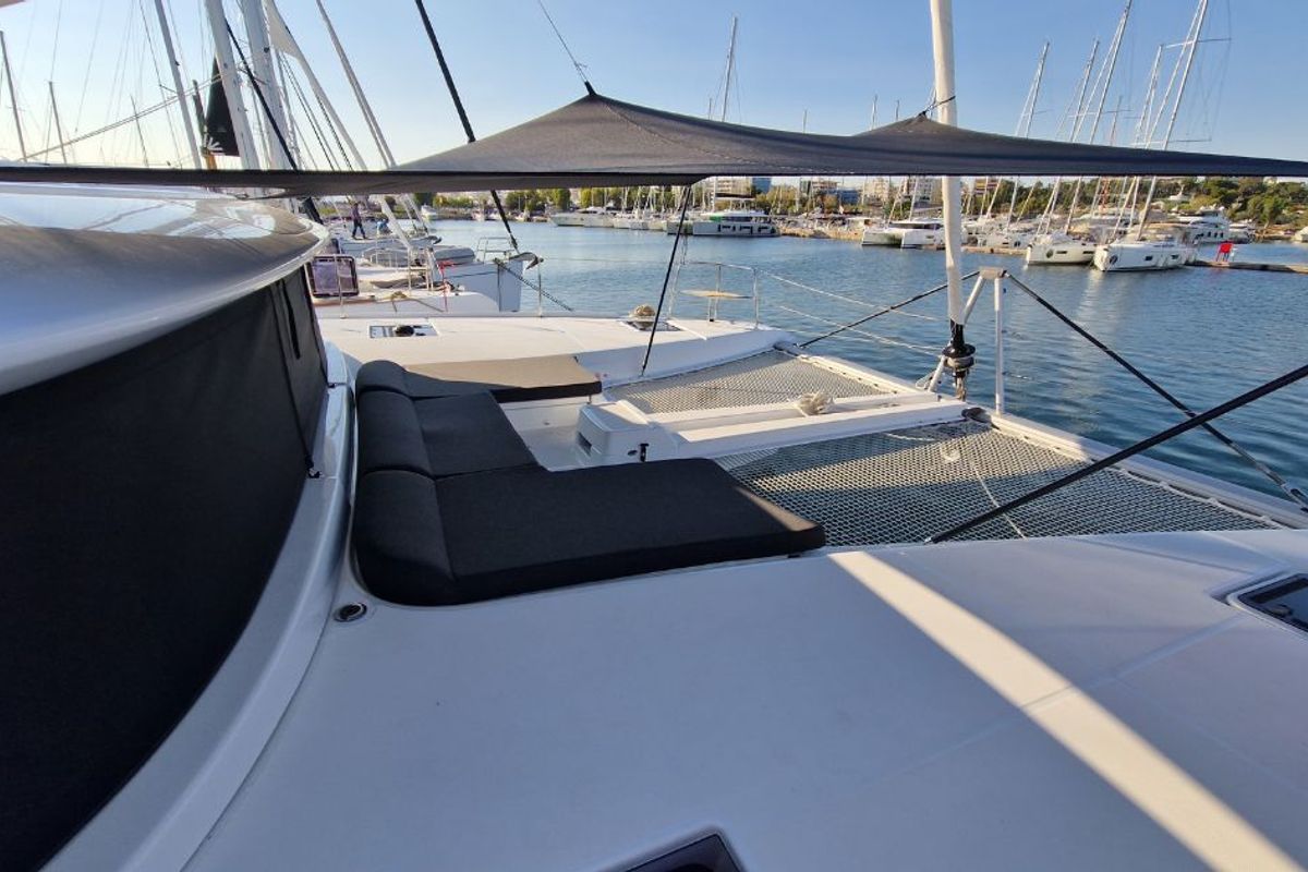 Deck of Celena VI, a Lagoon 46 catamaran at Kos, Greece