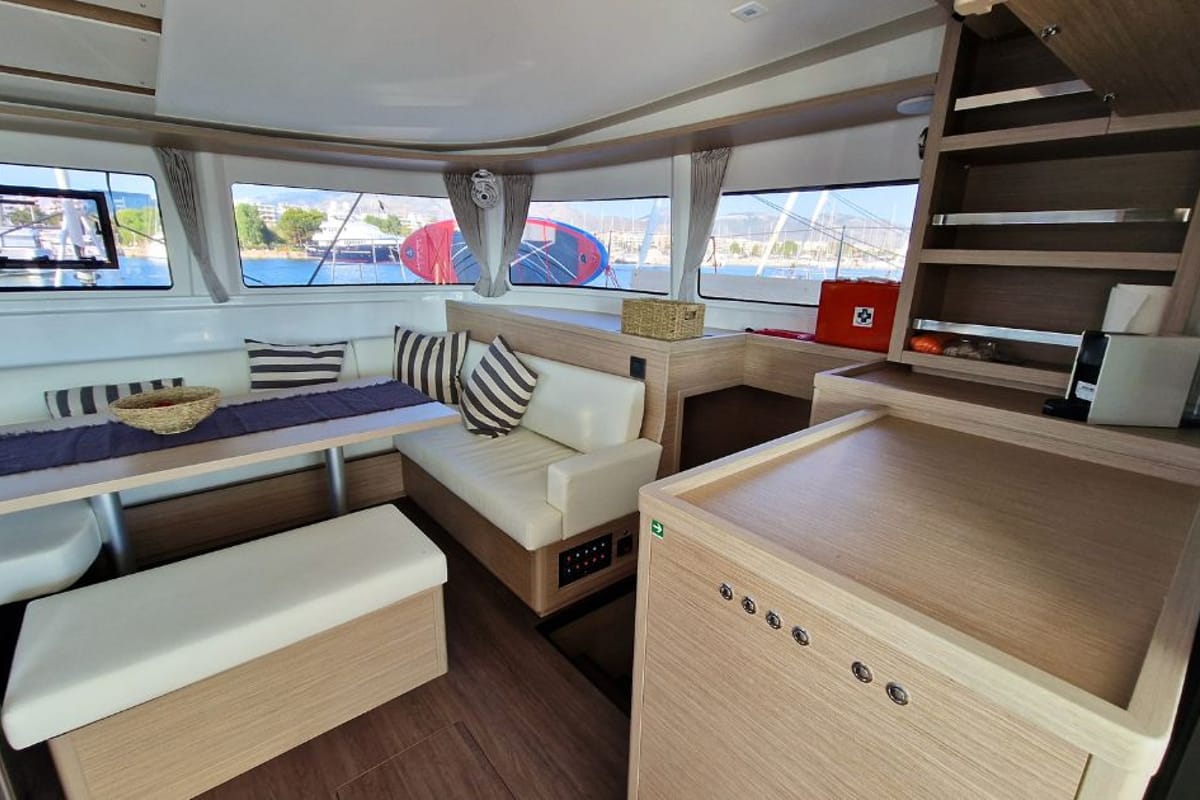 Salon of Celena VI, a Lagoon 46 catamaran at Kos, Greece