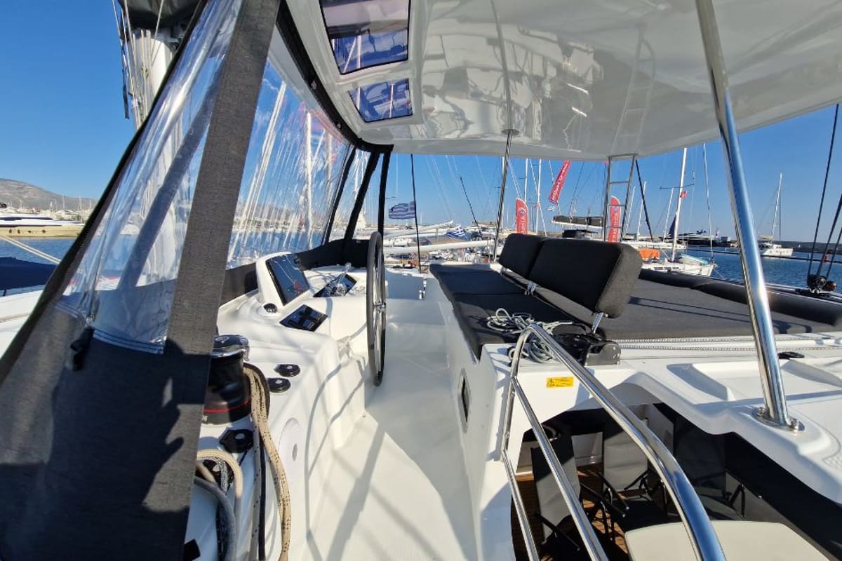 Cockpit of Celena VI, a Lagoon 46 catamaran at Kos, Greece