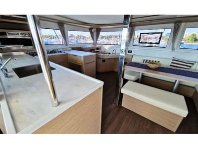 Salon of Celena VI, a Lagoon 46 catamaran at Kos, Greece