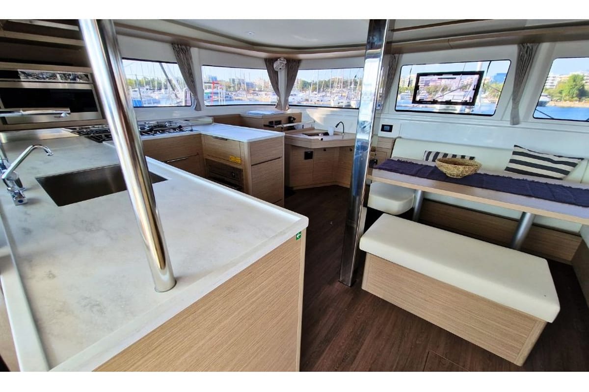 Salon of Celena VI, a Lagoon 46 catamaran at Kos, Greece