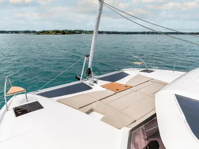 Deck of Barbara, a Fountaine Pajot FP 41 Quatuor 4 catamaran at Vallauris, France
