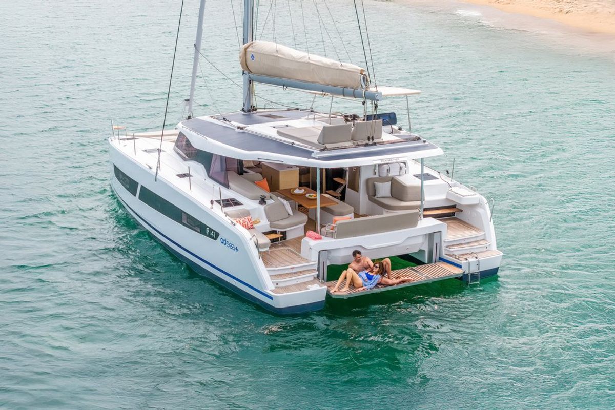 Exterior view of Barbara, a Fountaine Pajot FP 41 Quatuor 4 catamaran at Vallauris, France