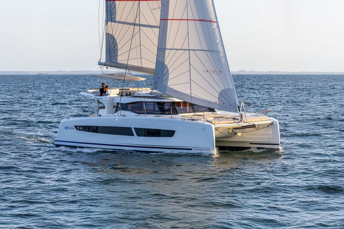 Exterior view of Barbara, a Fountaine Pajot FP 41 Quatuor 4 catamaran at Vallauris, France