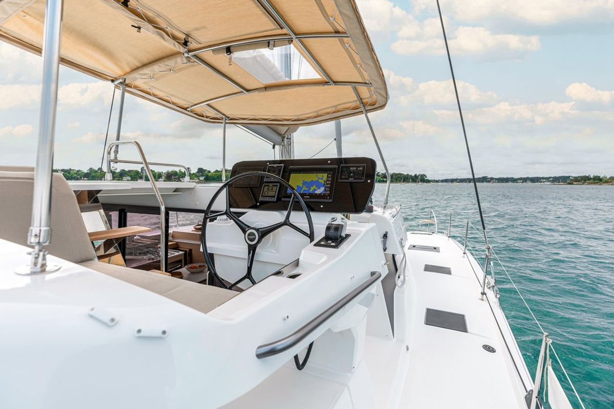 Cockpit of Barbara, a Fountaine Pajot FP 41 Quatuor 4 catamaran at Vallauris, France