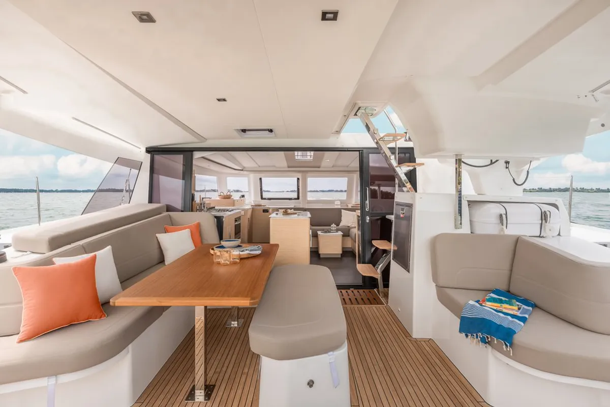 Deck of Barbara, a Fountaine Pajot FP 41 Quatuor 4 catamaran at Vallauris, France