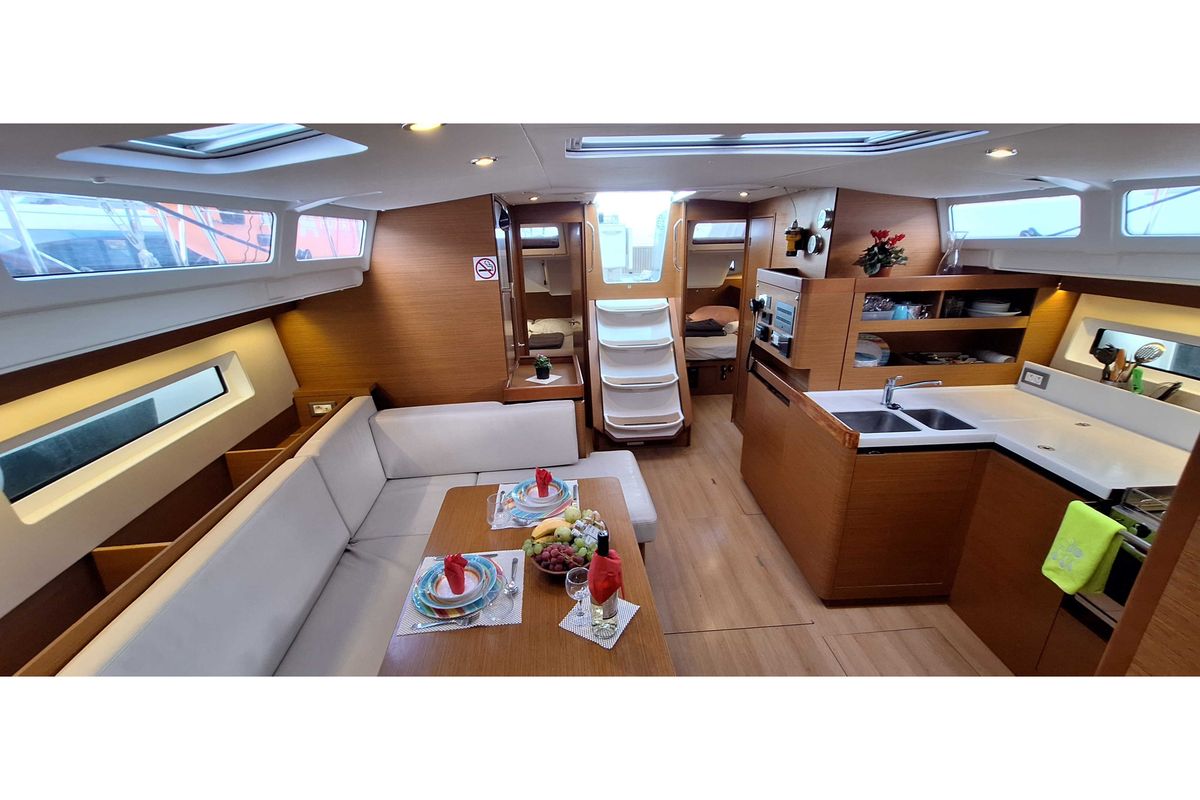Salon of Lady Flora II, a Jeanneau Sun Odyssey 490 sailboat at Municipal Unit of Lefkada, Greece