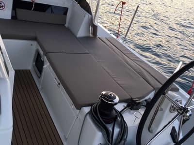 Deck of Lady Flora II, a Jeanneau Sun Odyssey 490 sailboat at Municipal Unit of Lefkada, Greece