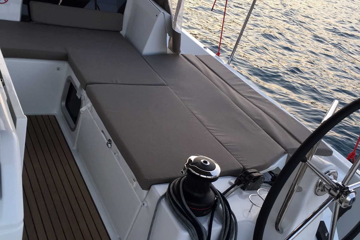 Deck of Lady Flora II, a Jeanneau Sun Odyssey 490 sailboat at Municipal Unit of Lefkada, Greece