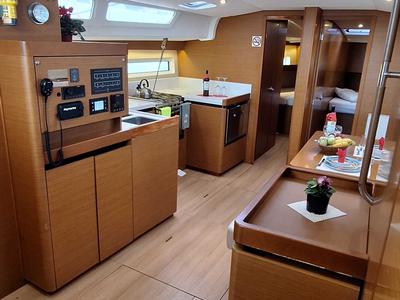 Galley of Lady Flora II, a Jeanneau Sun Odyssey 490 sailboat at Municipal Unit of Lefkada, Greece