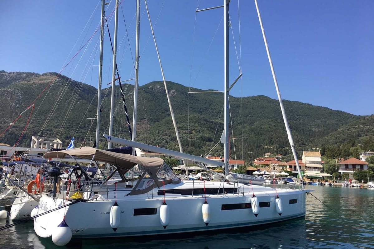 Exterior view of Lady Flora II, a Jeanneau Sun Odyssey 490 sailboat at Municipal Unit of Lefkada, Greece