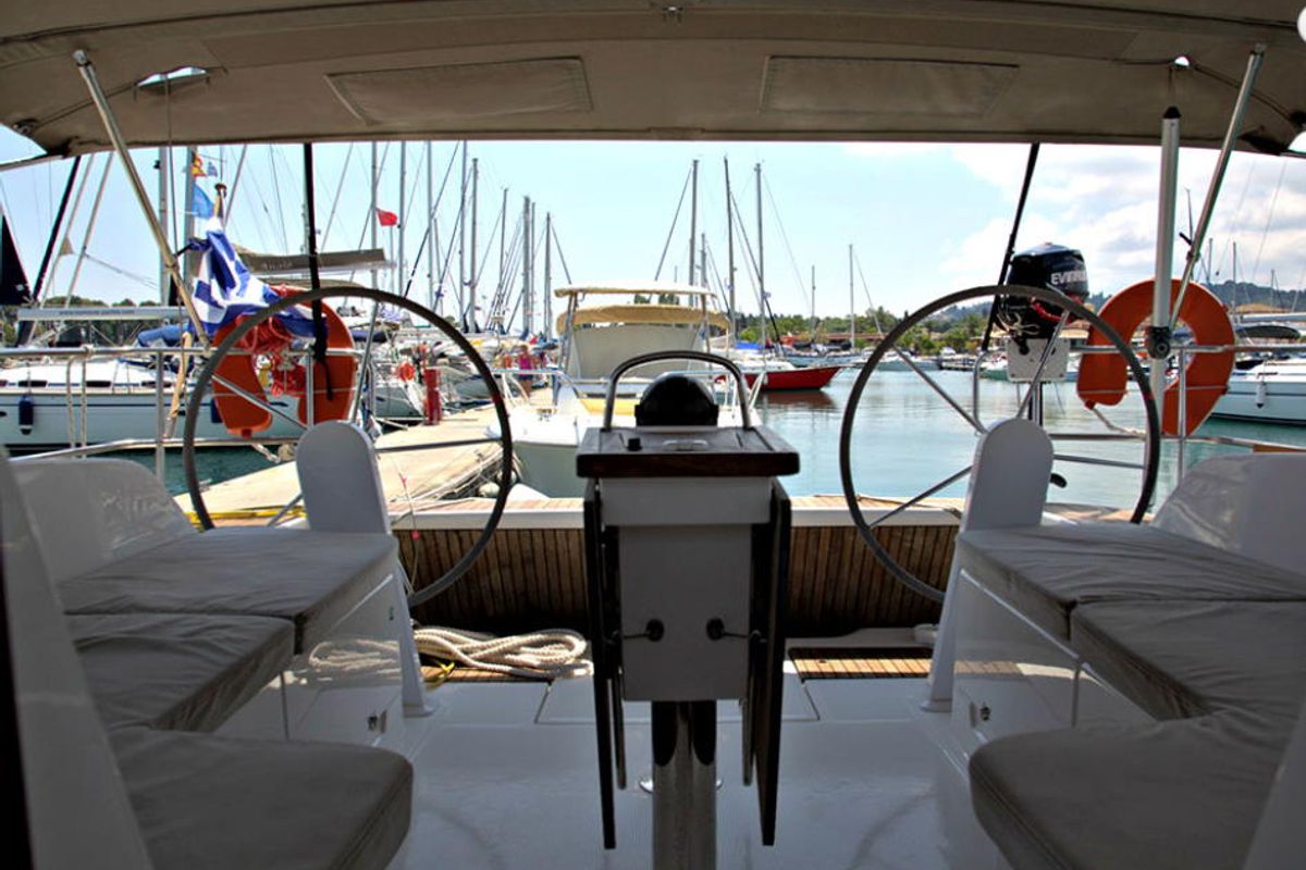 Cockpit of Lenco, a Bavaria Cruiser 46 sailboat at Kontokali, Greece