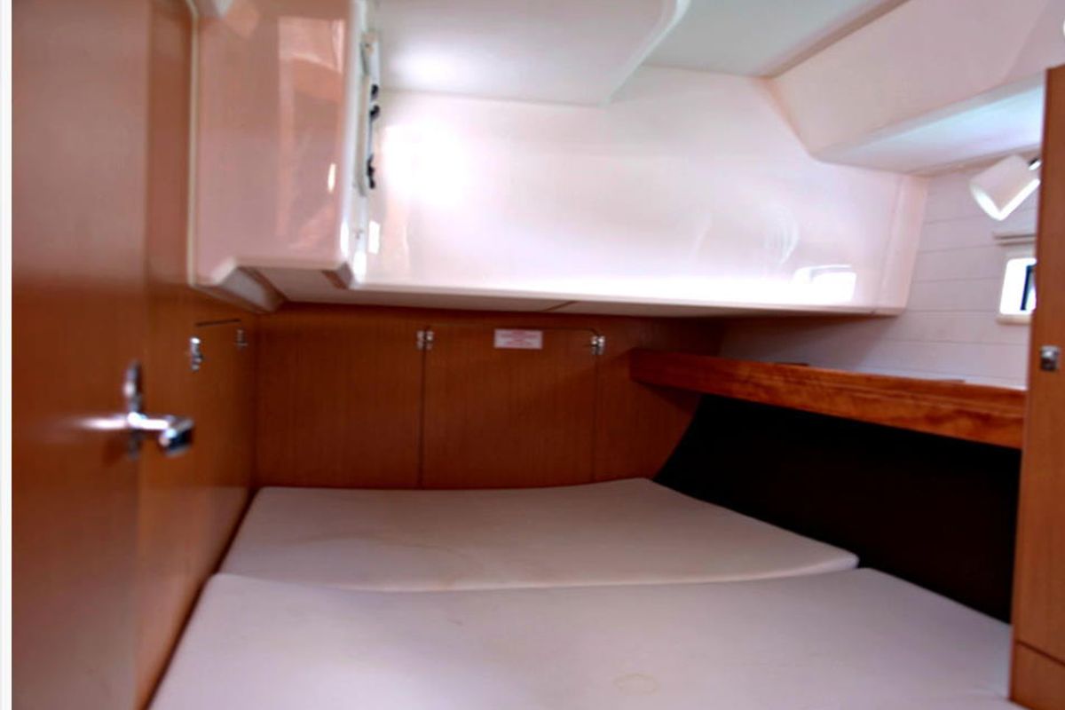 Cabin on Lenco, a Bavaria Cruiser 46 sailboat at Kontokali, Greece