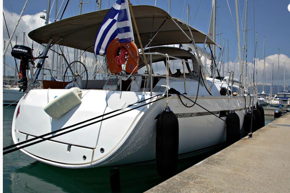 Exterior view of Lenco, a Bavaria Cruiser 46 sailboat at Kontokali, Greece