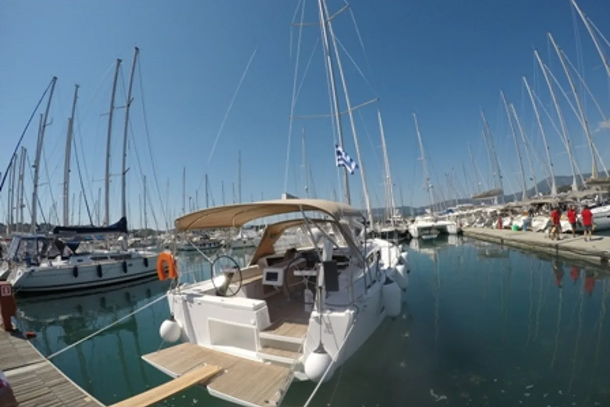 Exterior view of Emerald, a Dufour 390 Grand Large sailboat at Gouvia, Greece