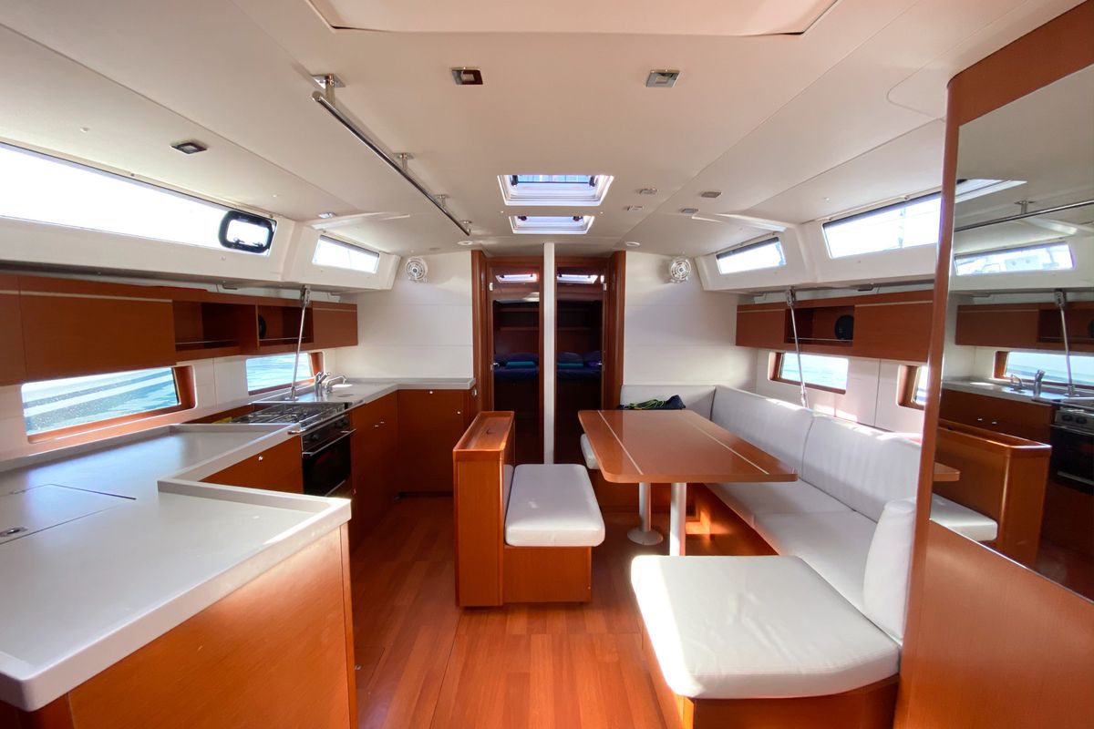Salon of Breezy, a Beneteau Oceanis 46.1 sailboat at Marmaris, Turkey