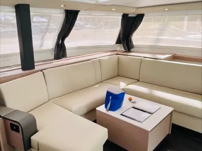 Salon of Runny Babbit, a Fountaine Pajot Tanna 47 catamaran at Road Town, British Virgin Islands