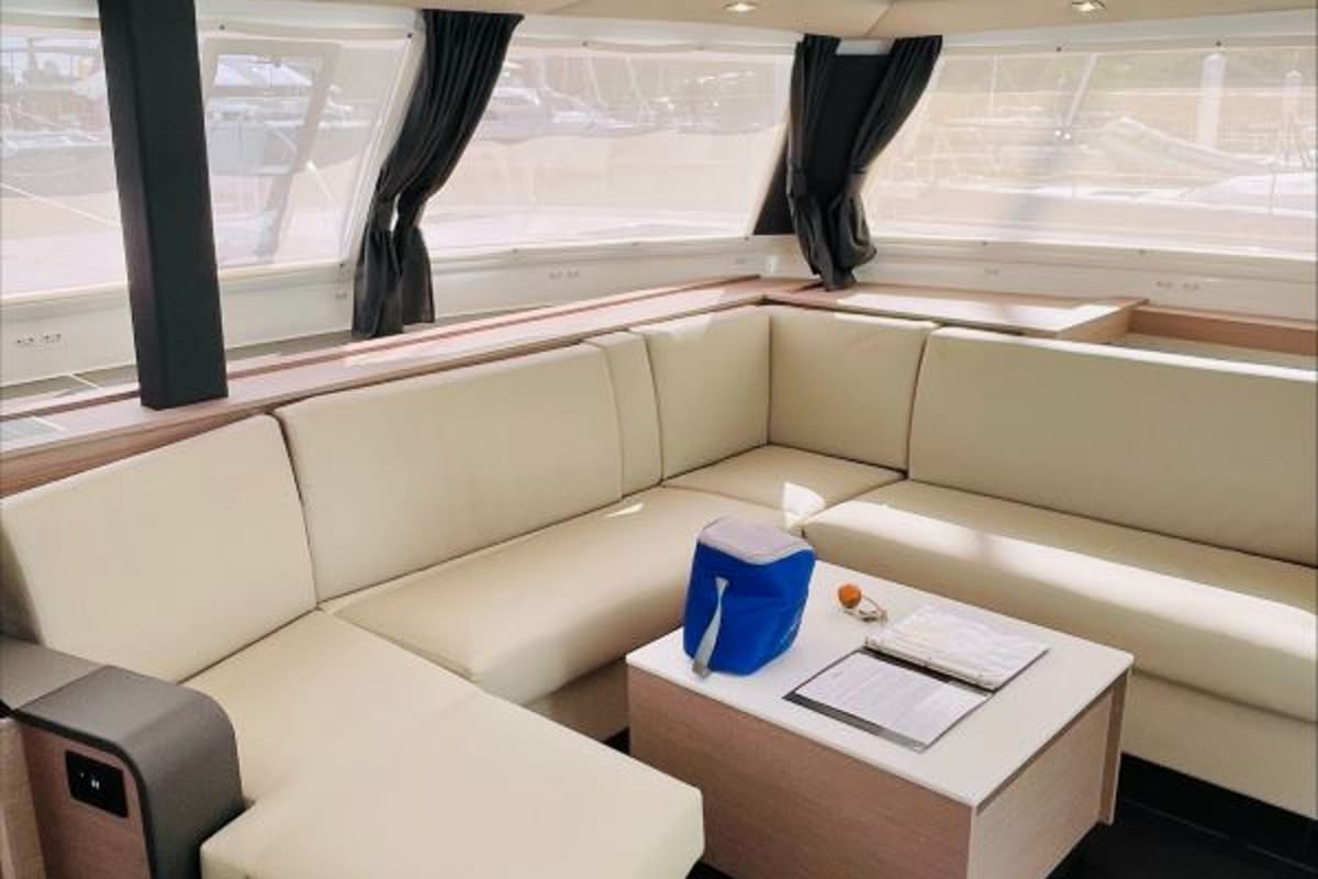 Salon of Runny Babbit, a Fountaine Pajot Tanna 47 catamaran at Road Town, British Virgin Islands