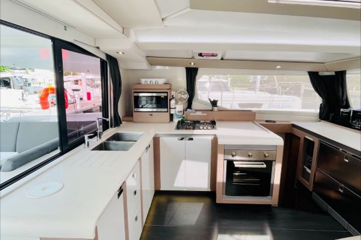 Galley of Runny Babbit, a Fountaine Pajot Tanna 47 catamaran at Road Town, British Virgin Islands