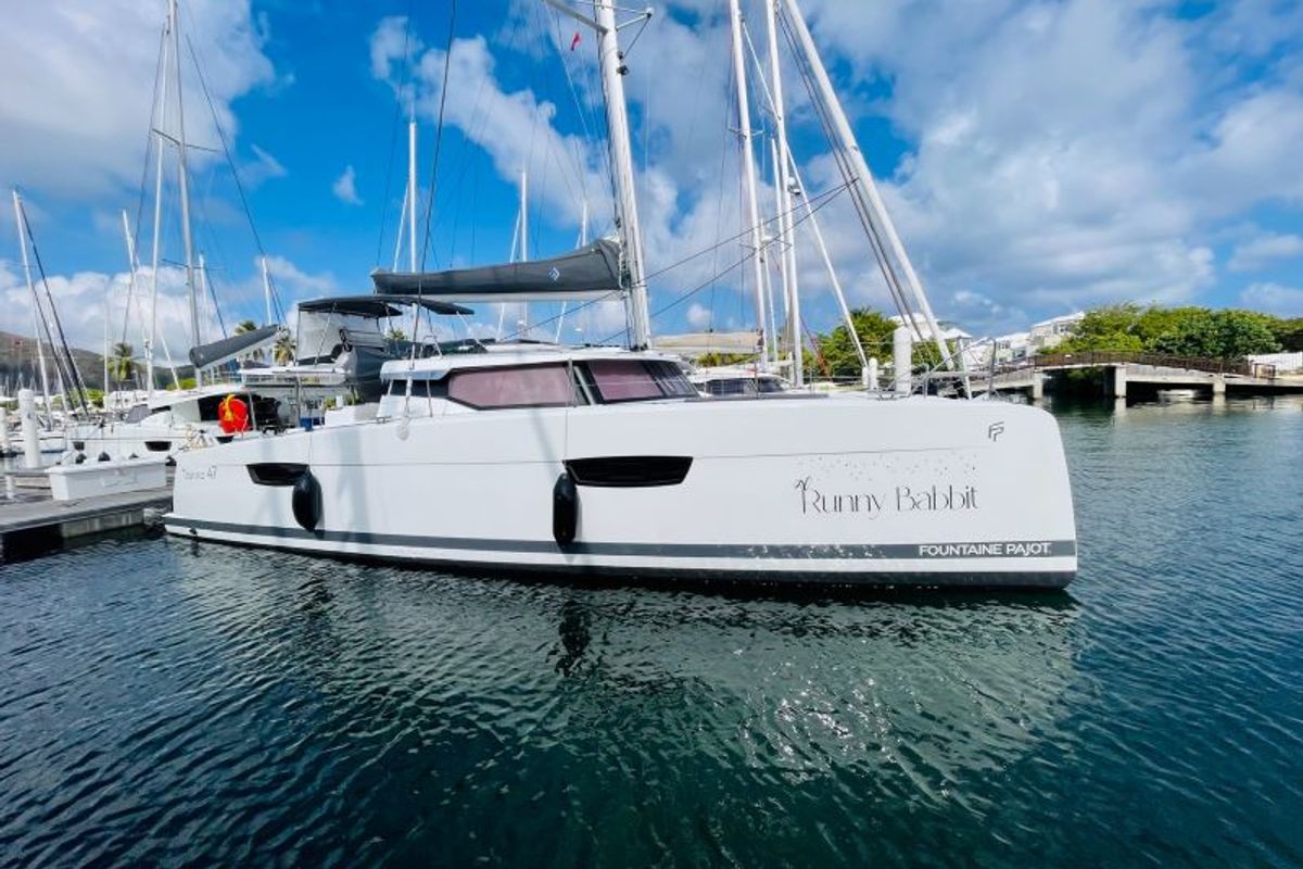 Exterior view of Runny Babbit, a Fountaine Pajot Tanna 47 catamaran at Road Town, British Virgin Islands