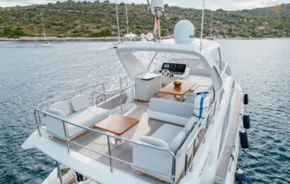 Deck of Illyrius, a Azimut 55 Fly yacht at Grad Trogir, Croatia