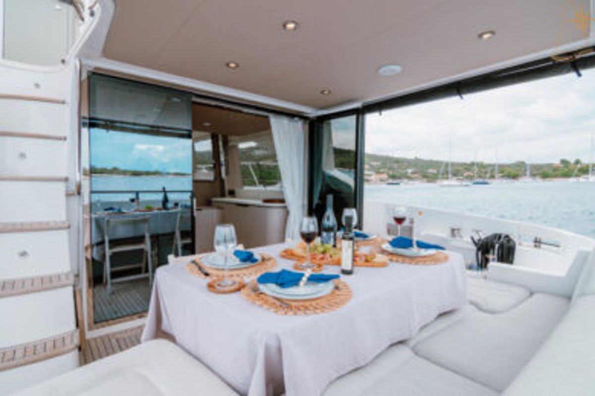 Deck of Illyrius, a Azimut 55 Fly yacht at Grad Trogir, Croatia