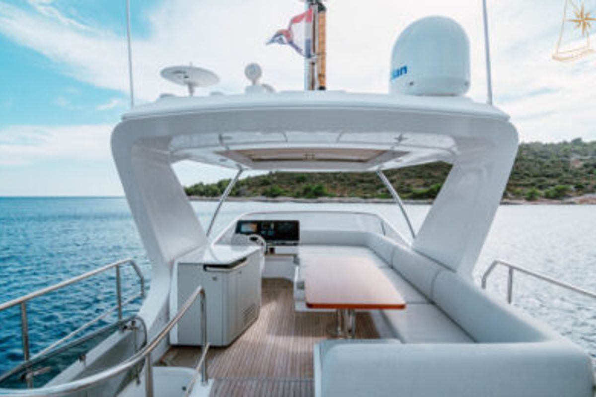Cockpit of Illyrius, a Azimut 55 Fly yacht at Grad Trogir, Croatia