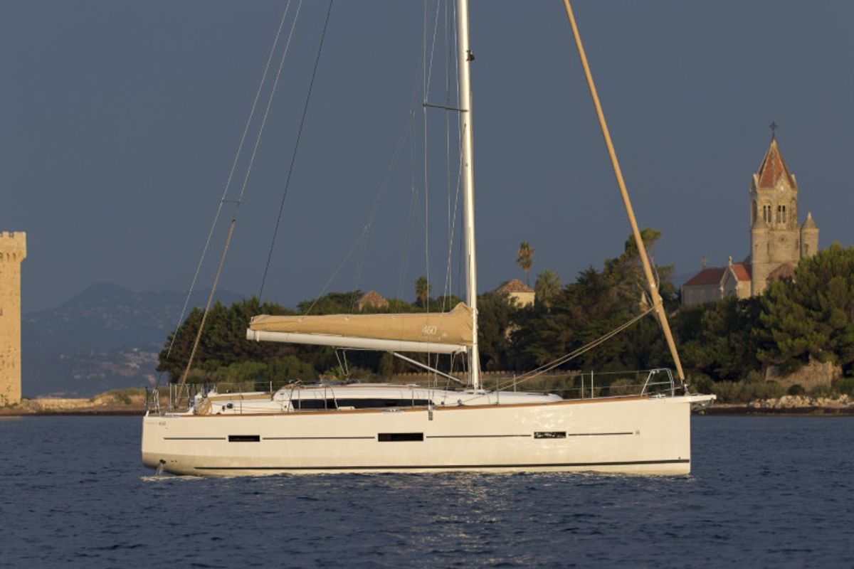 Exterior view of Nishane, a Dufour 460 sailboat at Piombino, Italy