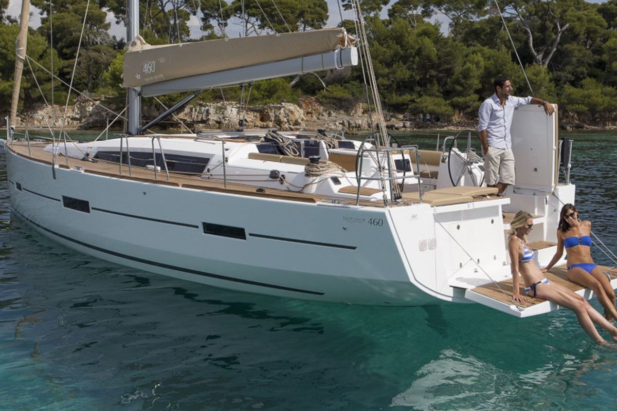 Exterior view of Nishane, a Dufour 460 sailboat at Piombino, Italy