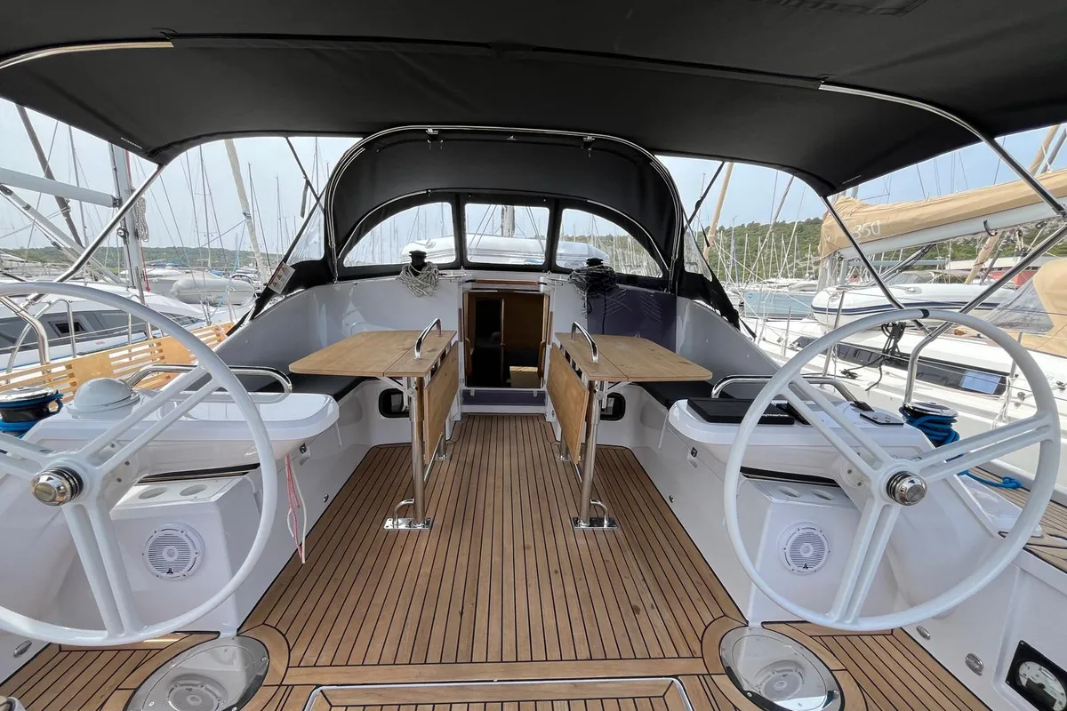 Cockpit of Ollie, a Elan Impression 45 sailboat at Primošten, Croatia