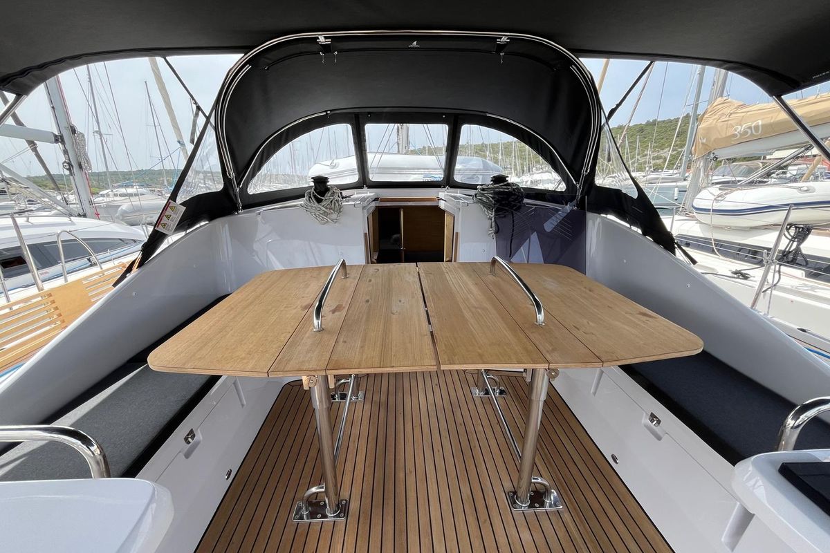 Cockpit of Ollie, a Elan Impression 45 sailboat at Primošten, Croatia