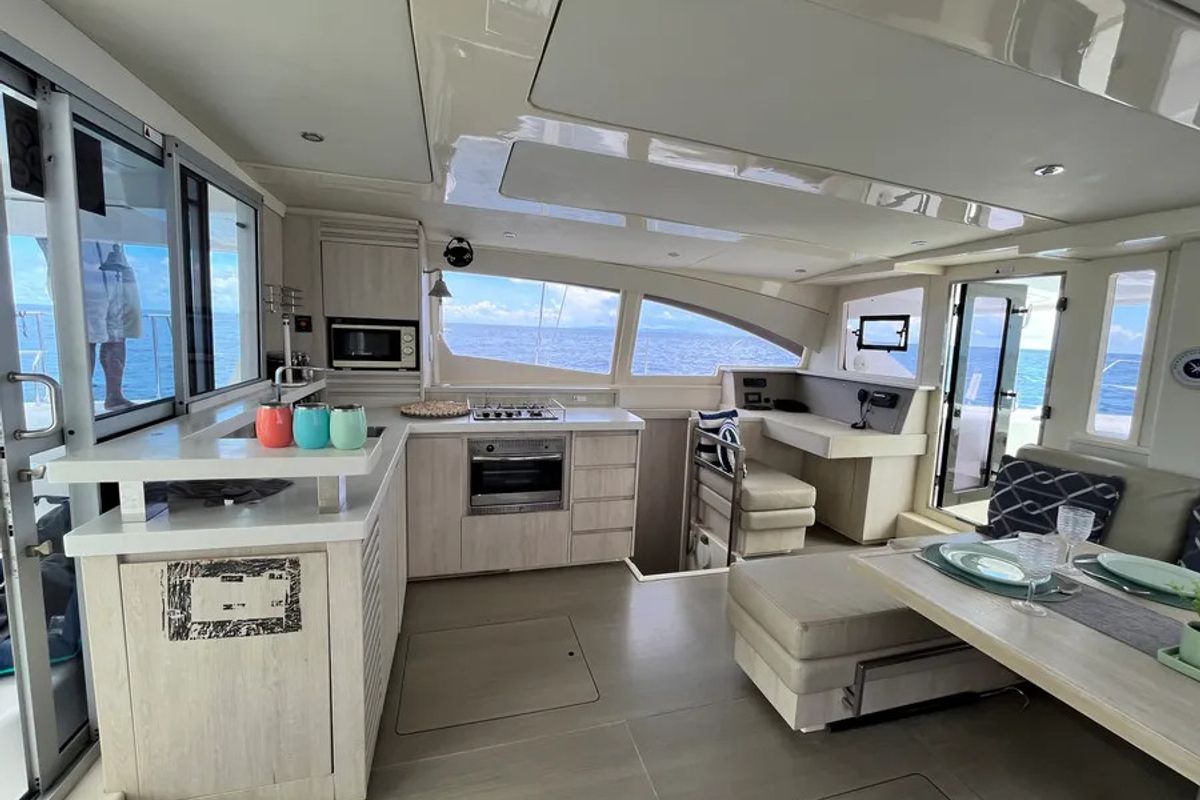 Galley of The Coronat, a Leopard 48 catamaran at Eden Island Marina, Seychelles
