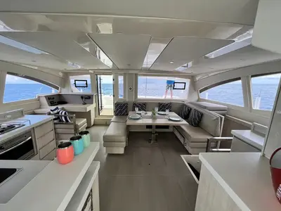 Salon of The Coronat, a Leopard 48 catamaran at Eden Island Marina, Seychelles