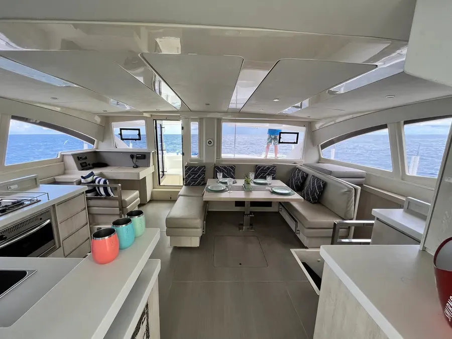 Salon of The Coronat, a Leopard 48 catamaran at Eden Island Marina, Seychelles