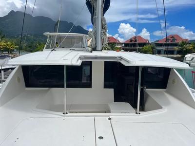 Deck of The Coronat, a Leopard 48 catamaran at Eden Island Marina, Seychelles