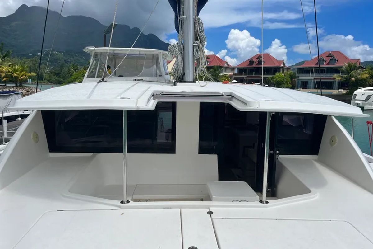 Deck of The Coronat, a Leopard 48 catamaran at Eden Island Marina, Seychelles