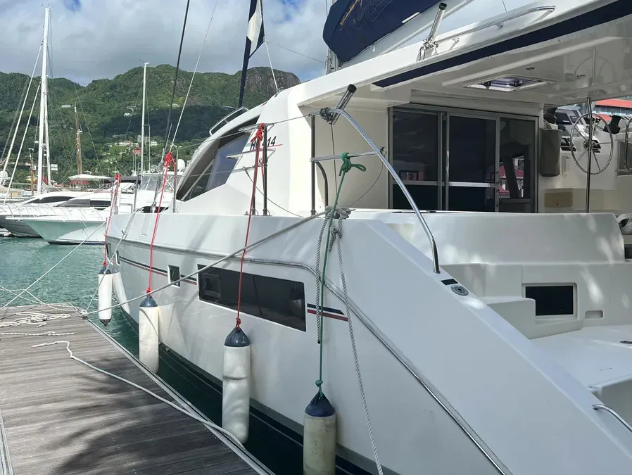 Exterior view of The Coronat, a Leopard 48 catamaran at Eden Island Marina, Seychelles