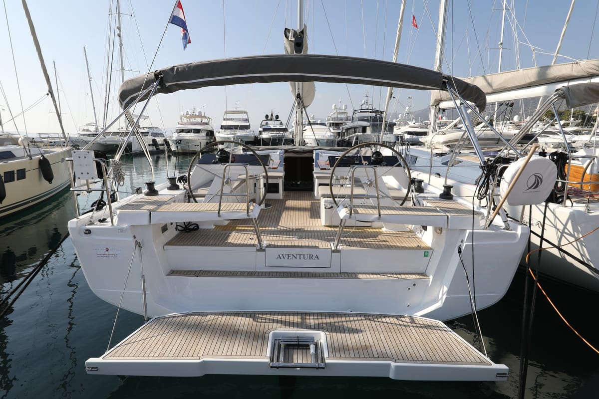 Exterior view of Aventura, a Hanse Yachts Hanse 460 sailboat at Dubrovnik, Croatia