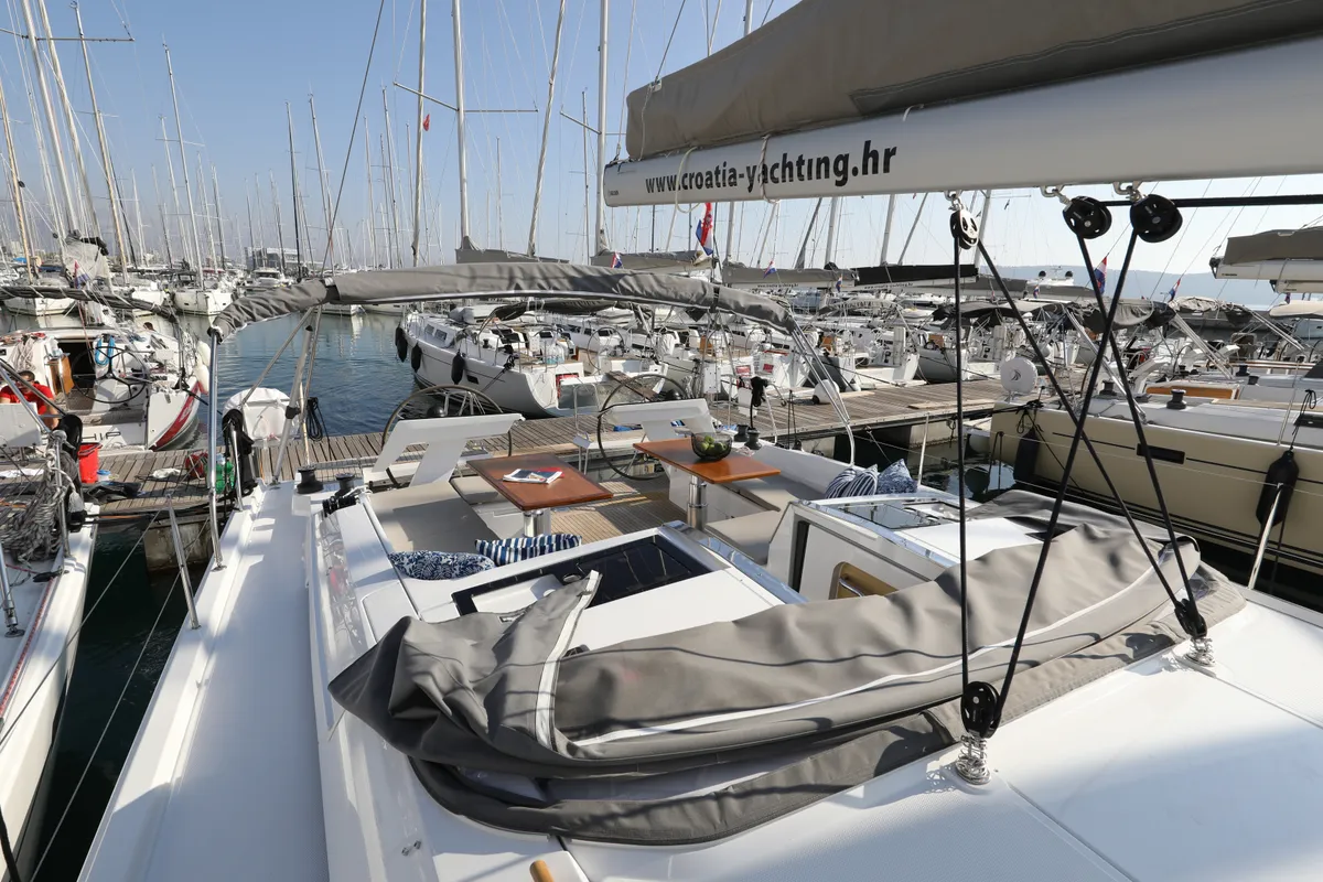 Deck of Aventura, a Hanse Yachts Hanse 460 sailboat at Dubrovnik, Croatia