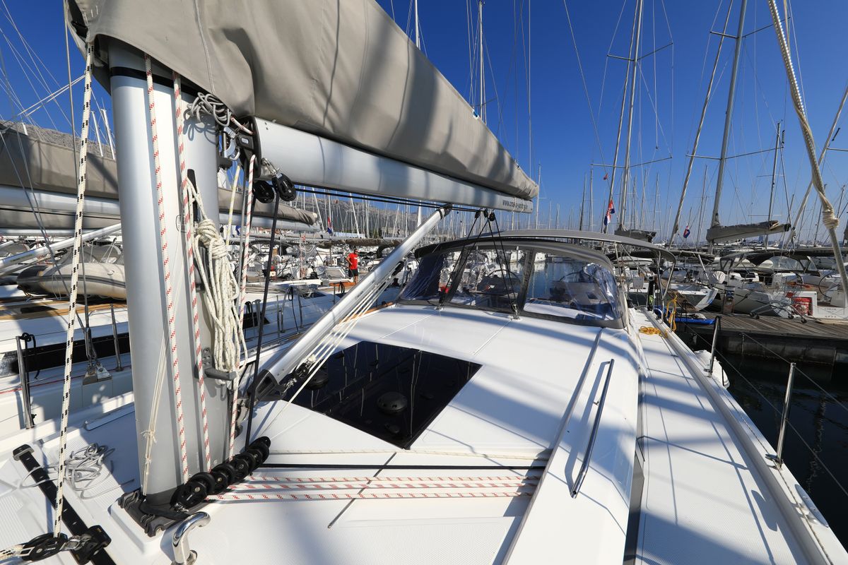 Exterior view of Aventura, a Hanse Yachts Hanse 460 sailboat at Dubrovnik, Croatia