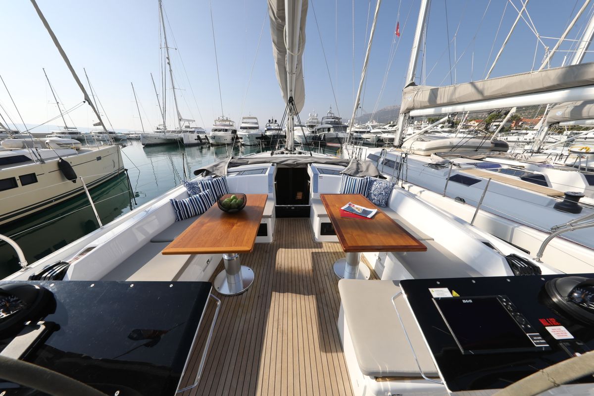 Deck of Aventura, a Hanse Yachts Hanse 460 sailboat at Dubrovnik, Croatia