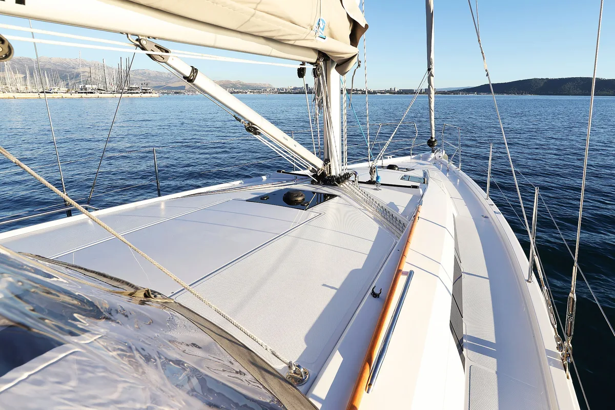 Deck of Amelie, a Hanse Yachts Hanse 360 sailboat at Grad Kaštela, Croatia