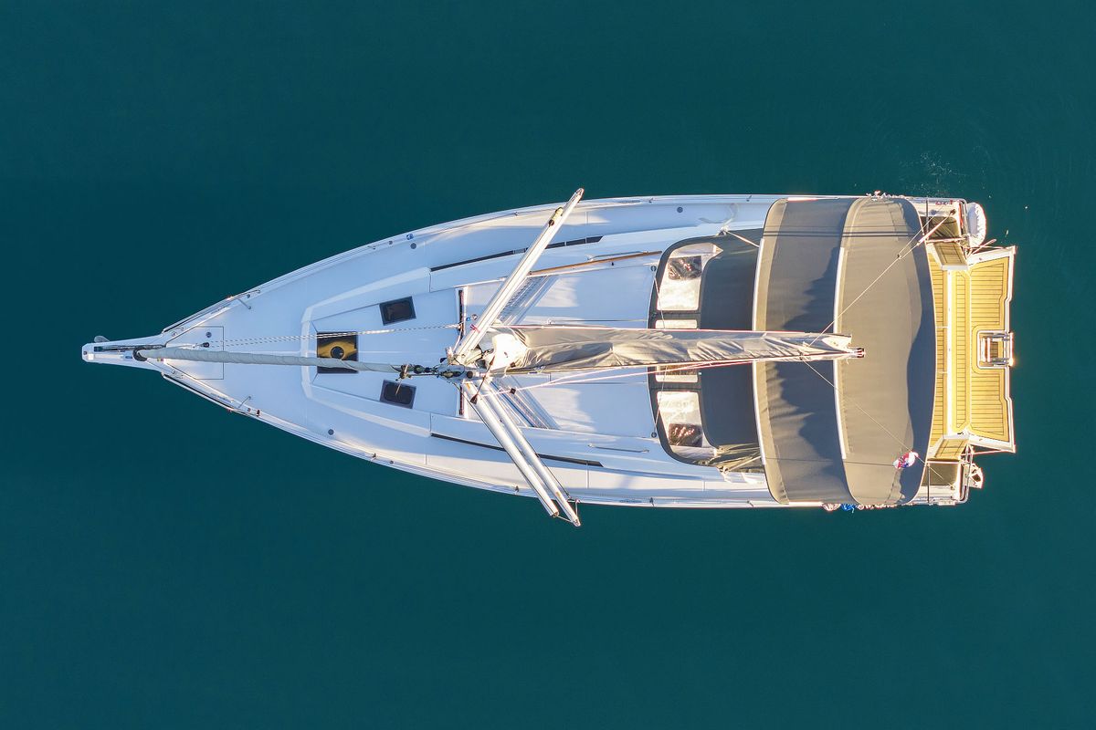 Exterior view of Amelie, a Hanse Yachts Hanse 360 sailboat at Grad Kaštela, Croatia
