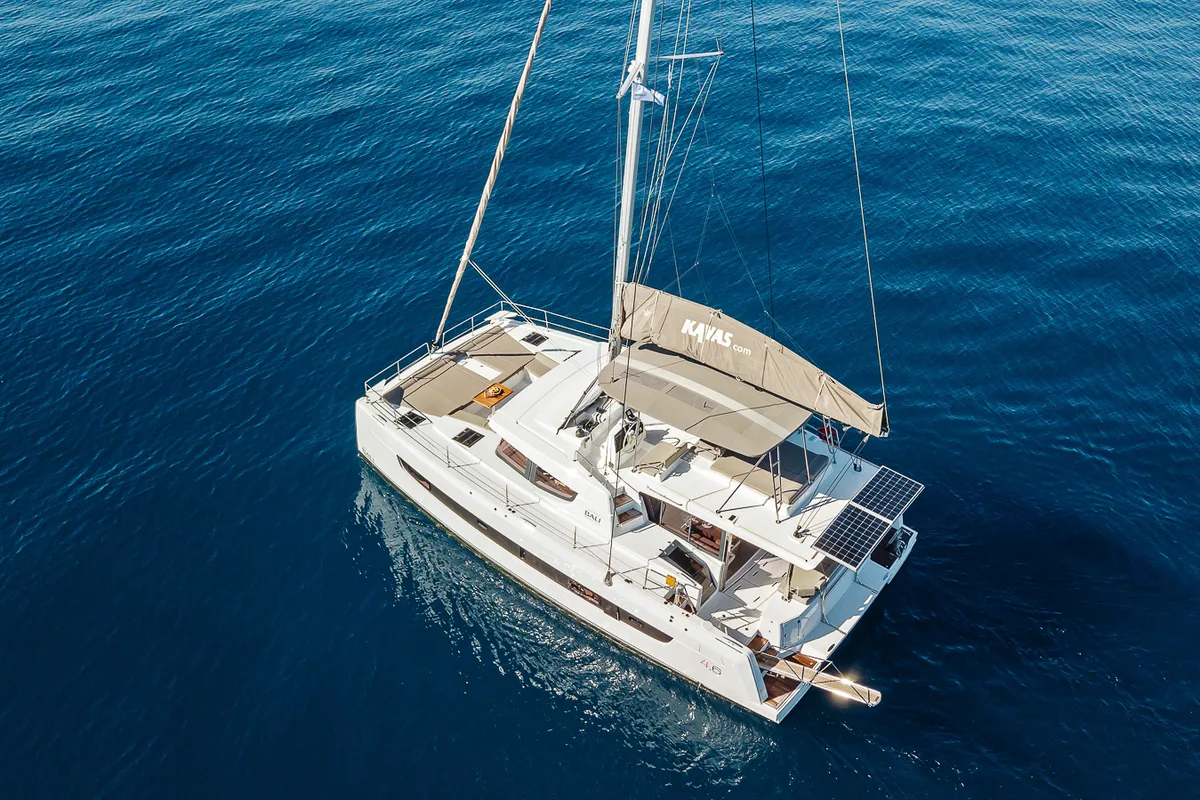 Exterior view of Kos 46.Cat2, a Bali 4.6 catamaran at Athens, Greece