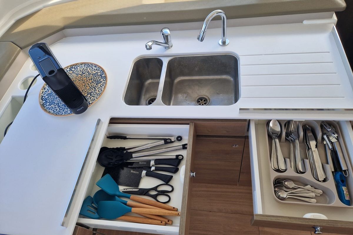 Galley of FONTANA, a Bali Catspace catamaran at Sant Antoni de Portmany, Spain