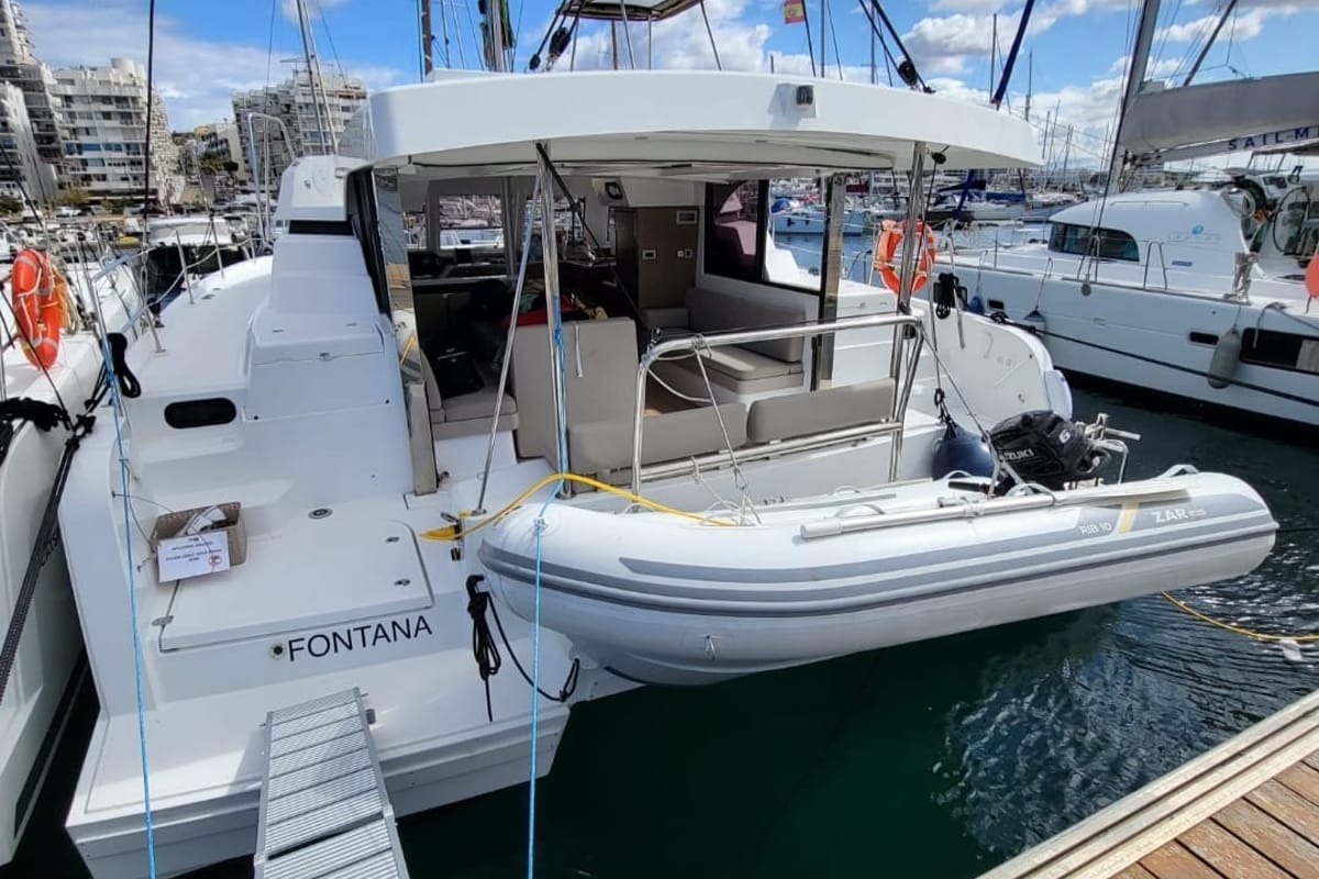 Exterior view of FONTANA, a Bali Catspace catamaran at Sant Antoni de Portmany, Spain