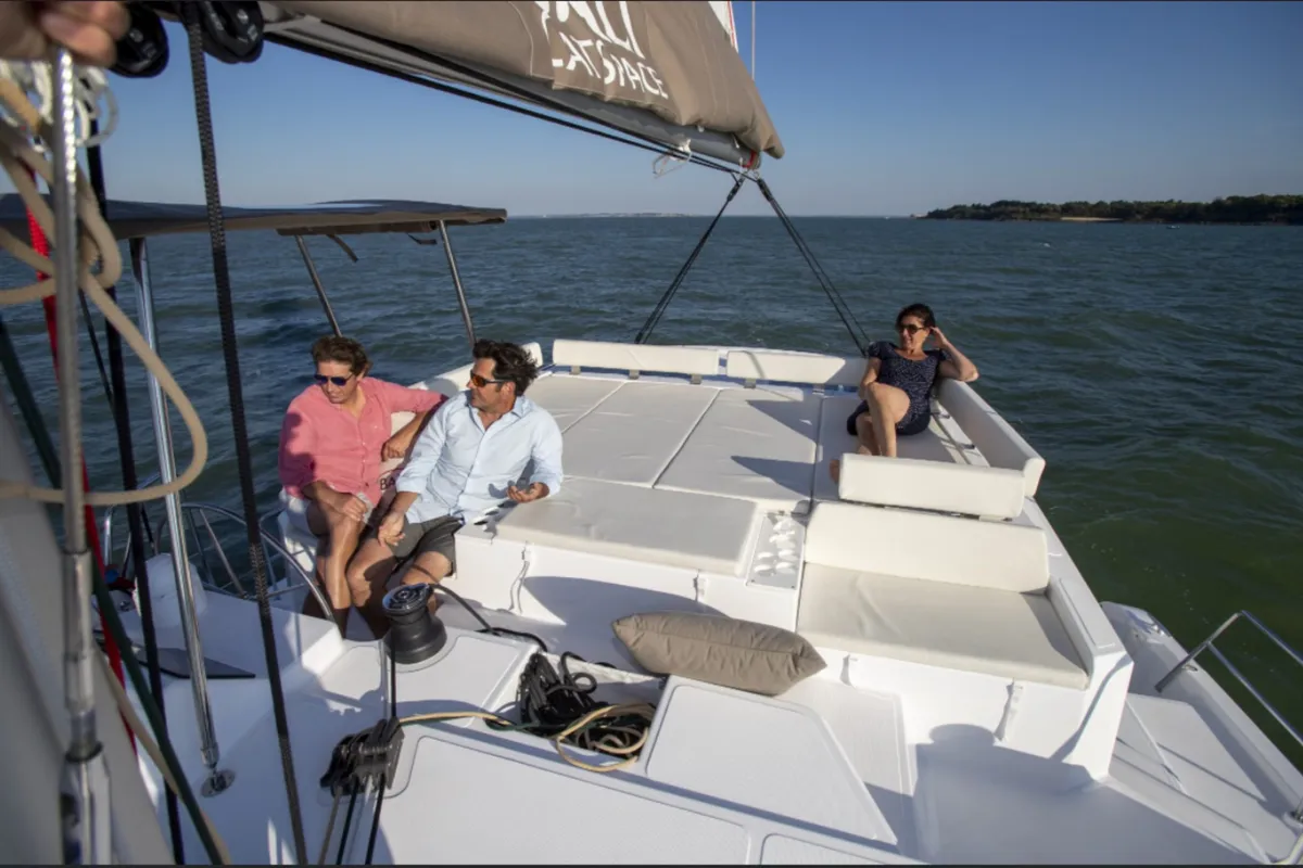 Exterior view of FONTANA, a Bali Catspace catamaran at Sant Antoni de Portmany, Spain